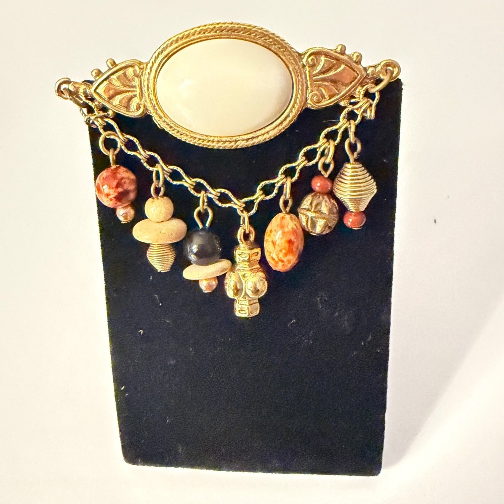 Faux Moonstone Multi Charm Dangle Brooch Vintage Gold Tone‎ Pin Bohemian Style